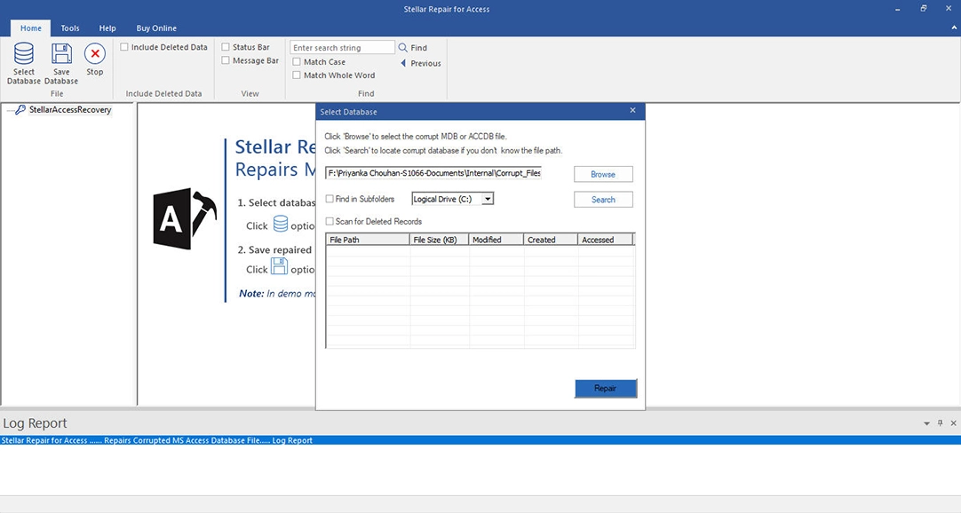 Select Access database file for recovery