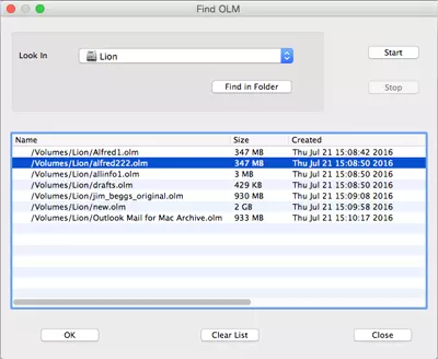 Select OLM file for repairing