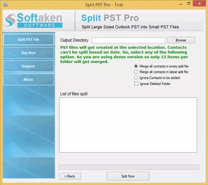 Select action to make split pst file