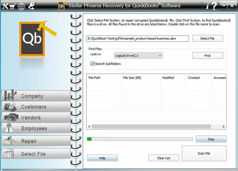 Select Quickbooks file to repair data