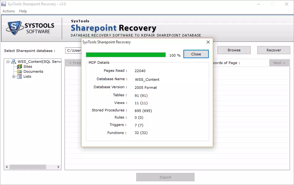Select mdf file to repair SharePoint database