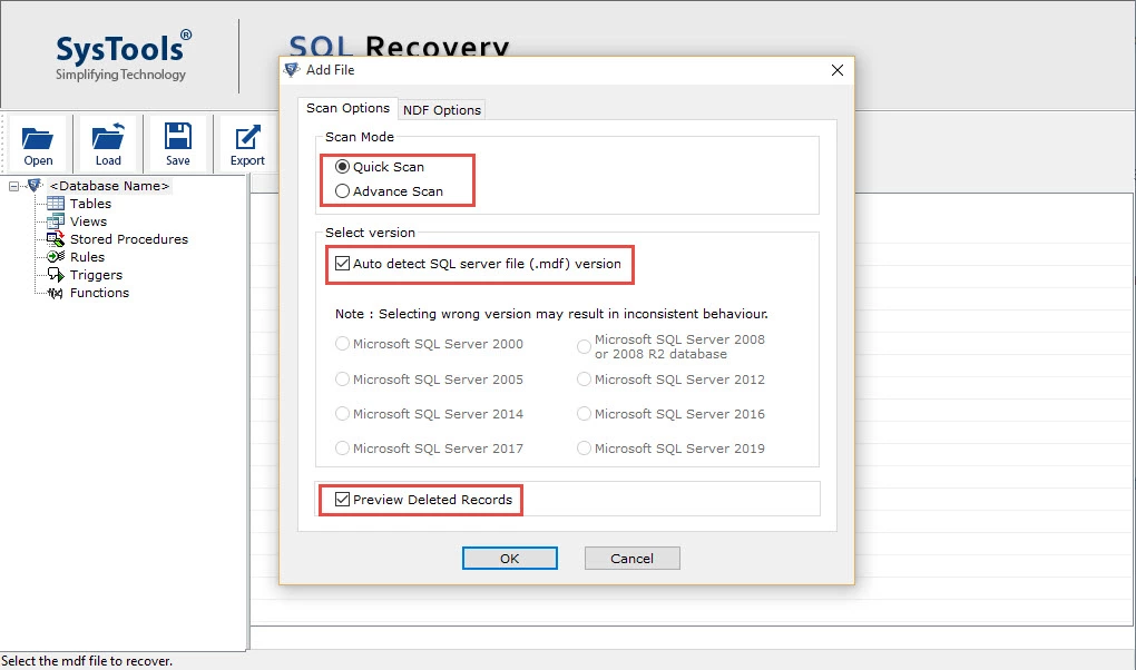 Select mdf file for recovery
